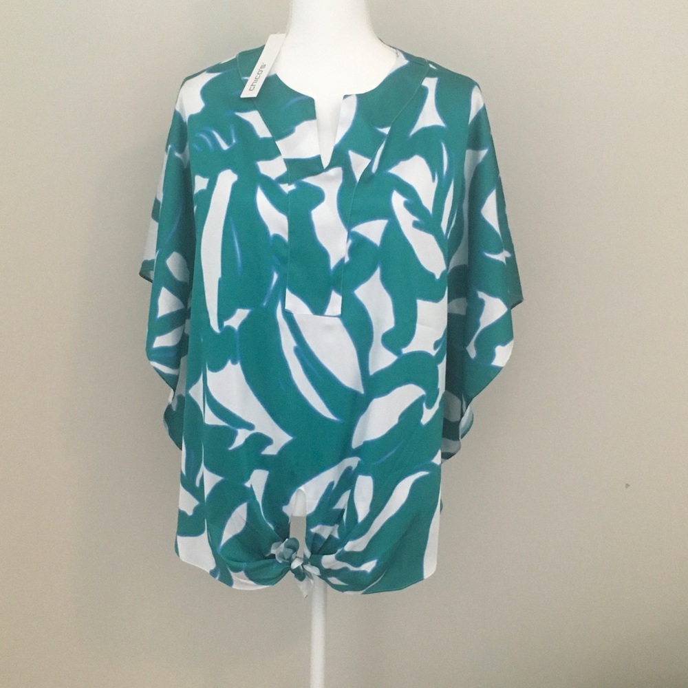 Chico's Teal & White Abstract Tie-Front Blouse